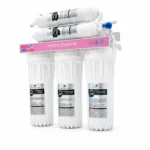 Aqua Cares UF-06 six-stage water purifier front view with three filter housings and inline cartridges