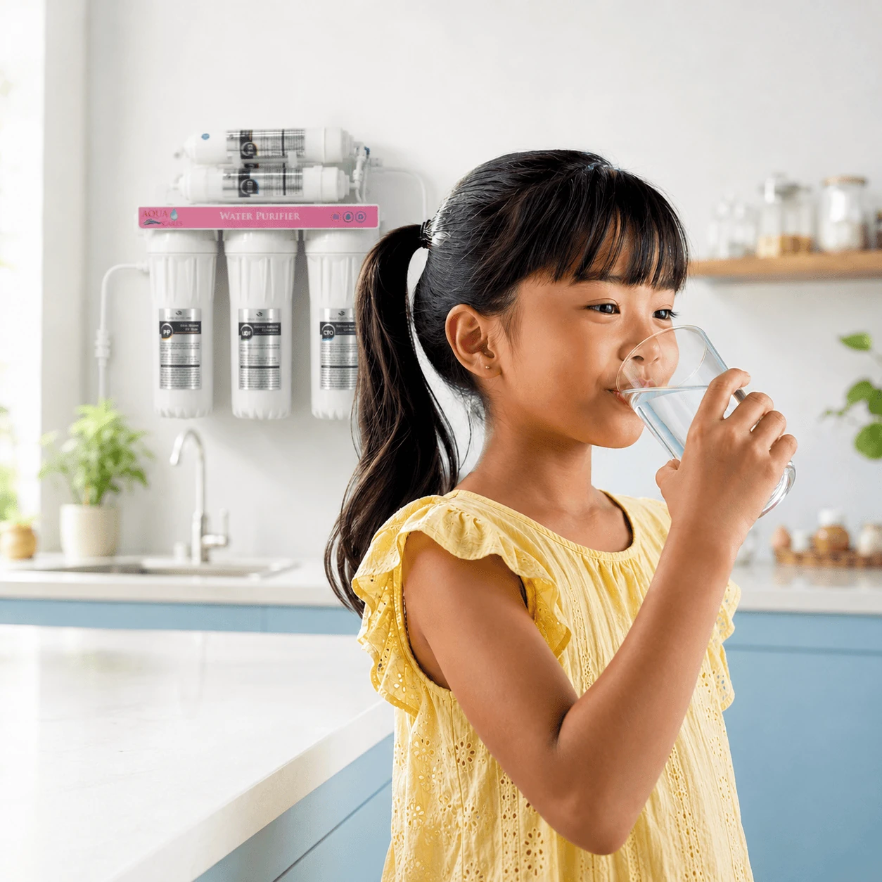 Cambodian child drinking filtered water beside an Aqua Cares home water purifier