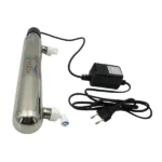 INV-UV-12W 12W: Stainless-steel UV treatment chamber with inlet and outlet fittings and ballast power supply