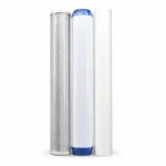 Three 20-inch water filter cartridges standing side by side on a white background
