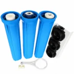 INV-WF03-V2 open blue filter housings with cartridges, filter-head assembly, mounting bracket, housing wrench and connection fittings