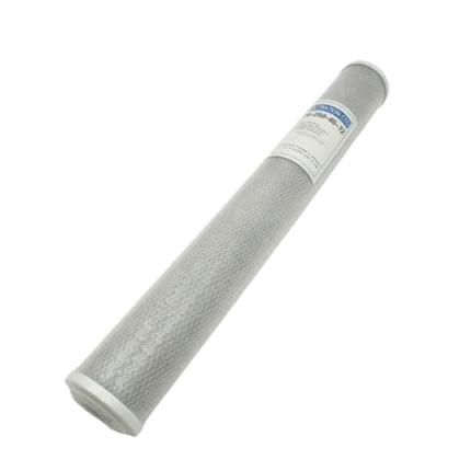 FLT-CTO-20 20-inch CTO carbon-block cartridge, angled view, with mesh covering and white end caps