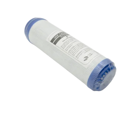 FLT-UDF-10 wrapped UDF carbon cartridge in an angled view with white housing and blue end caps
