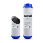 FLT-UDF-10 UDF cartridge beside a cutaway illustration showing granular activated carbon