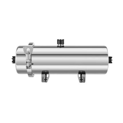INV-WH-UF1500 stainless-steel water filtration unit showing the clamp closure and connection ports
